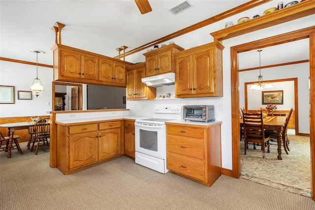 kitchen with light carpet, under cabinet range hood, light countertops, and electric range