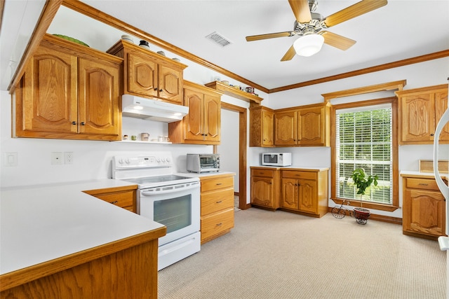 kitchen featuring white appliances, ceiling fan, ornamental molding, and light colored carpet