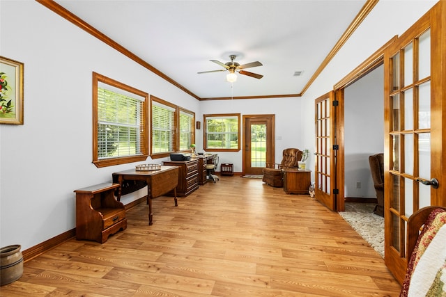 office space with ceiling fan, ornamental molding, light hardwood / wood-style flooring, and french doors