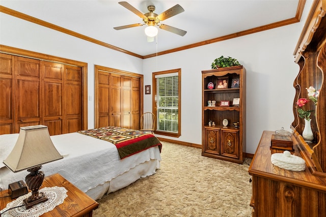 bedroom with ceiling fan, crown molding, and light carpet