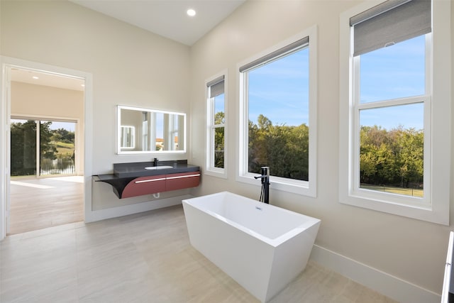 bathroom featuring vanity, hardwood / wood-style flooring, and a tub