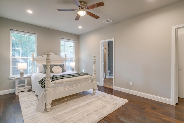 bedroom featuring ceiling fan and dark hardwood / wood-style flooring