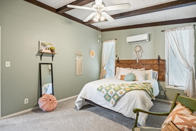 carpeted bedroom featuring ceiling fan, an AC wall unit, and beamed ceiling