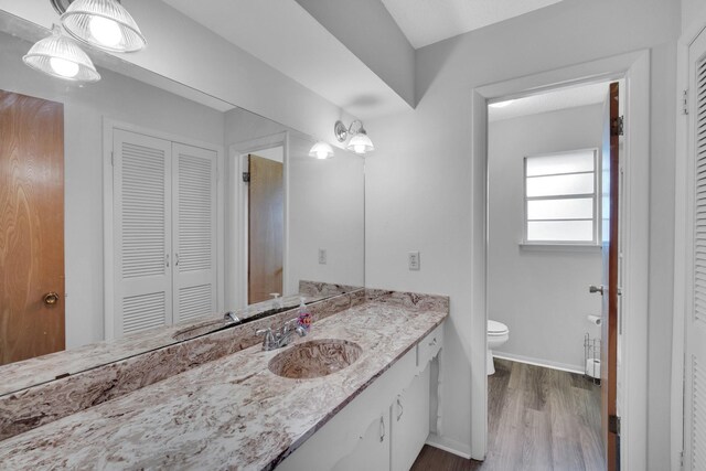 714 Rea Ave, Lancaster, TX 75146 - bathroom with vanity, a closet, toilet, baseboards, and wood finished floors