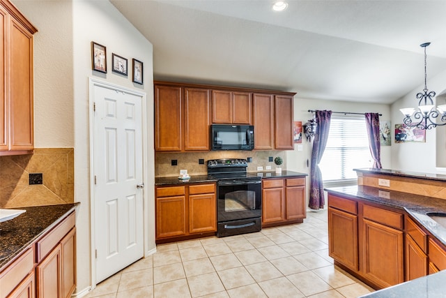 kitchen featuring decorative backsplash, light tile patterned floors, and black appliances