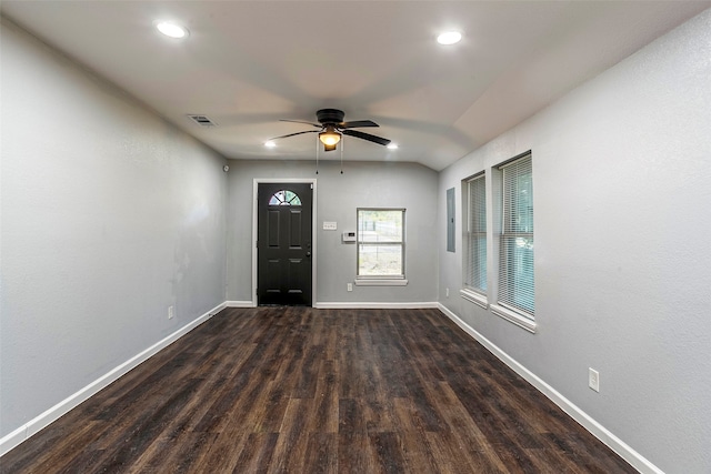 entrance foyer featuring ceiling fan and dark wood-type flooring