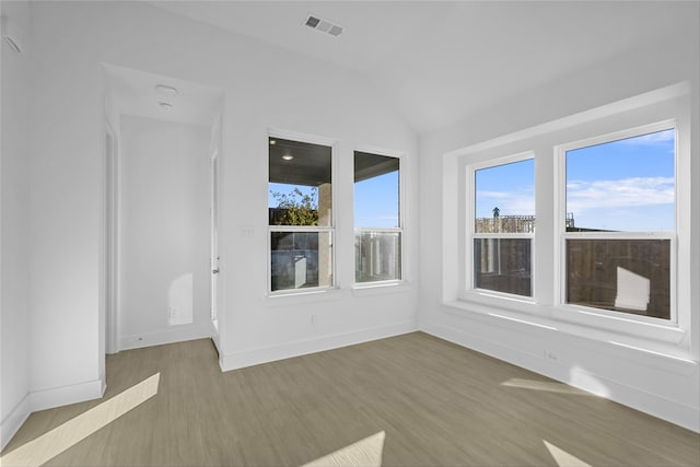 empty room with lofted ceiling and wood-type flooring