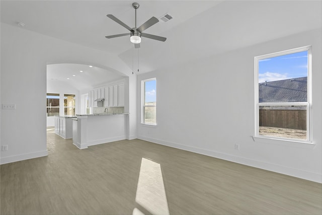 unfurnished living room featuring plenty of natural light, vaulted ceiling, and light wood-type flooring