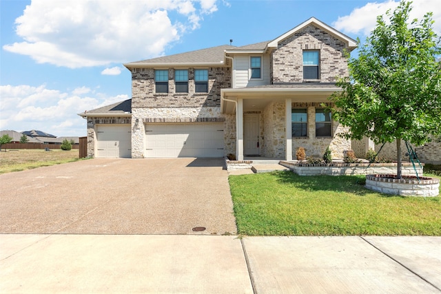 view of front of home with a porch, a garage, and a front lawn