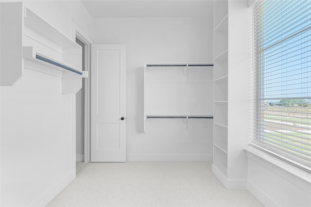 walk in closet featuring light colored carpet