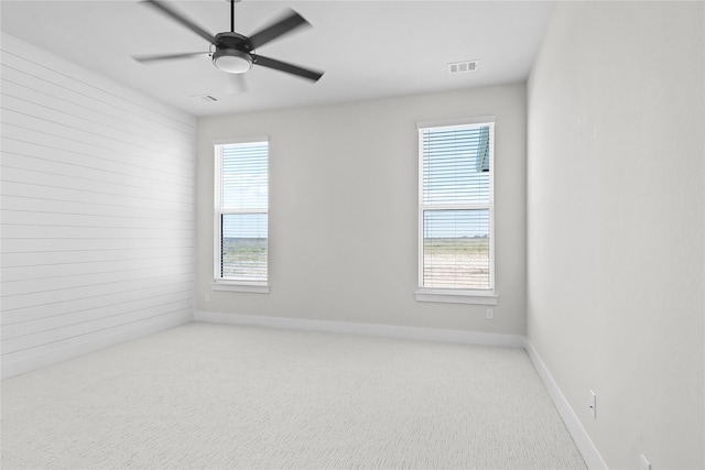 empty room featuring wood walls, light colored carpet, and a wealth of natural light