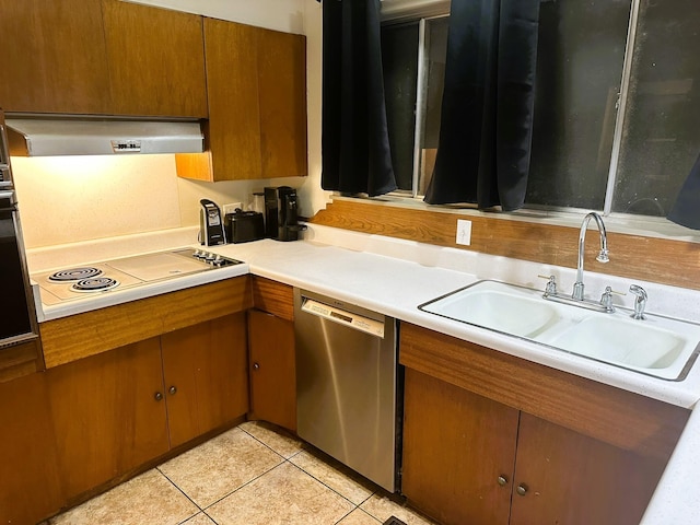 kitchen featuring light countertops, a sink, ventilation hood, electric stovetop, and dishwasher