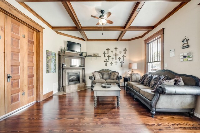 living area featuring coffered ceiling, a ceiling fan, wood finished floors, beam ceiling, and a high end fireplace