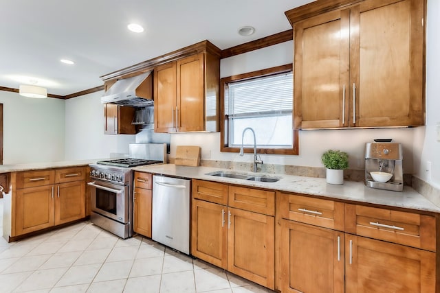 kitchen with sink, light stone counters, appliances with stainless steel finishes, ventilation hood, and crown molding