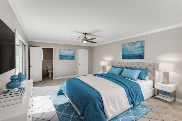 bedroom featuring ensuite bathroom, ornamental molding, ceiling fan, and light tile patterned floors