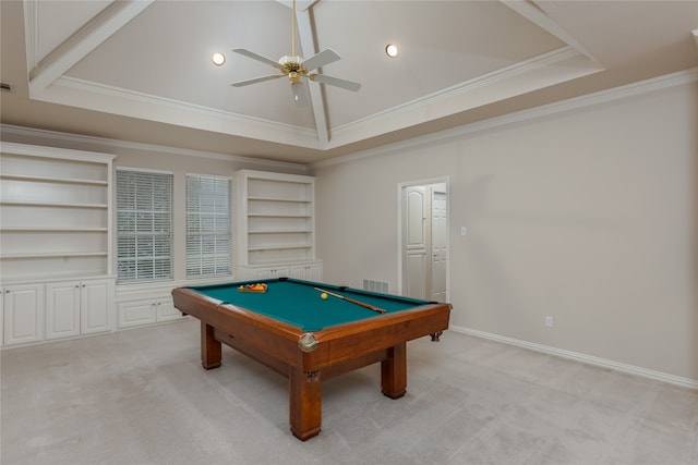 playroom with ceiling fan, pool table, built in features, and light colored carpet