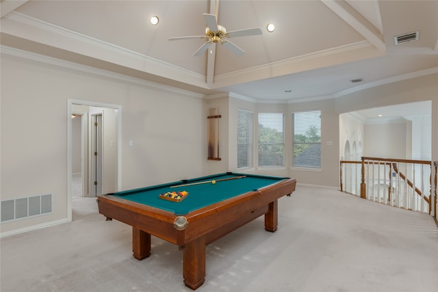 rec room featuring ornamental molding, pool table, lofted ceiling, light colored carpet, and ceiling fan