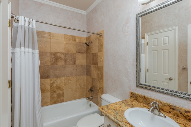 full bathroom with crown molding, shower / bath combination with curtain, vanity, and toilet