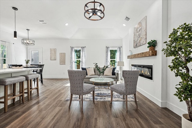 dining room with a tray ceiling and dark hardwood / wood-style flooring