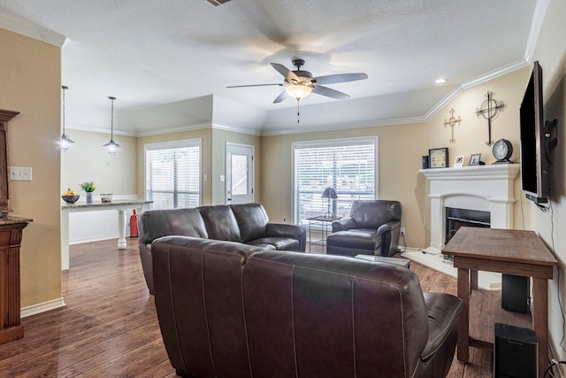 living room with dark wood-type flooring, a wealth of natural light, and ornamental molding