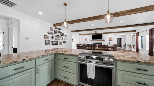 kitchen featuring green cabinetry, light stone counters, dark hardwood / wood-style flooring, and stainless steel range with electric cooktop