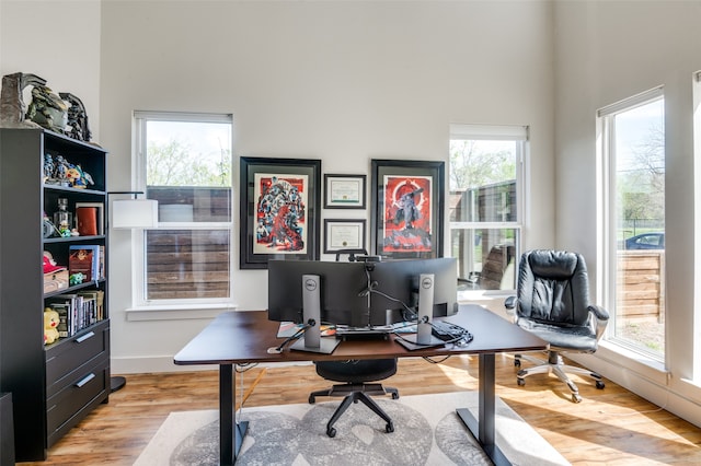 office space featuring a healthy amount of sunlight, a high ceiling, and light hardwood / wood-style floors