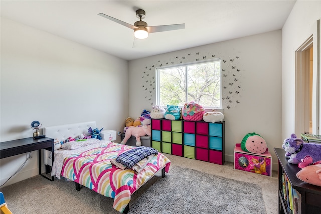 bedroom featuring carpet flooring and ceiling fan