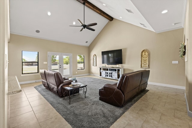 tiled living room featuring high vaulted ceiling, ceiling fan, beamed ceiling, and french doors