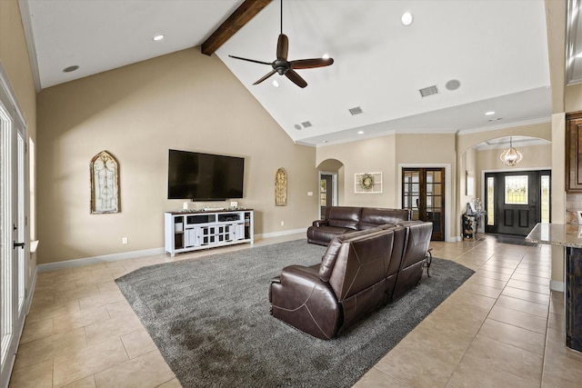 living room with beamed ceiling, french doors, high vaulted ceiling, ceiling fan, and light tile patterned flooring