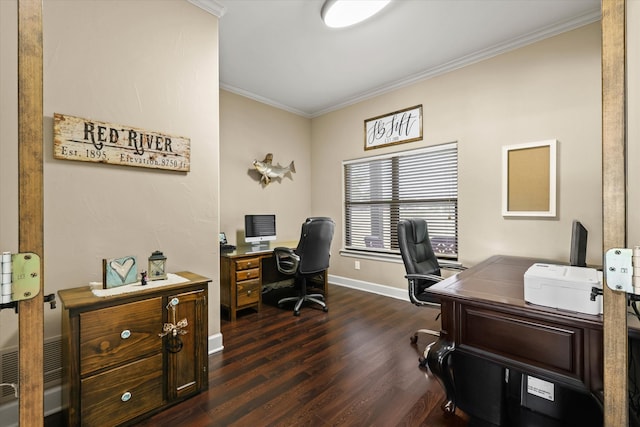 office space featuring crown molding and dark hardwood / wood-style flooring