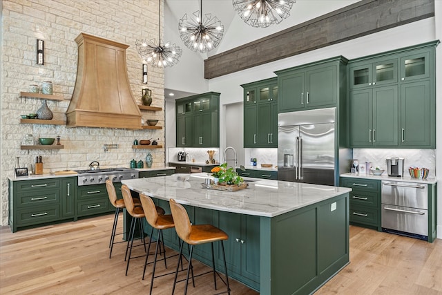 kitchen featuring green cabinetry, appliances with stainless steel finishes, and tasteful backsplash