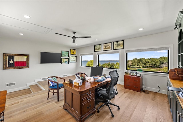9 Meadowlake Dr, Heath, TX 75032 - office area with a ceiling fan, attic access, light wood-style flooring, visible vents, and recessed lighting