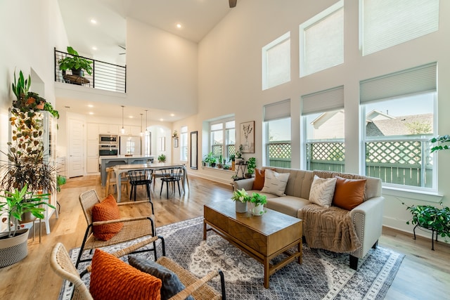 living room featuring a towering ceiling and light hardwood / wood-style flooring