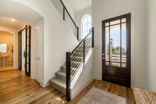 foyer entrance with plenty of natural light, light wood-type flooring, and sink