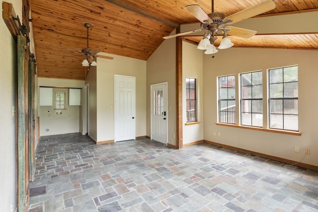 unfurnished living room featuring lofted ceiling, ceiling fan, and wooden ceiling