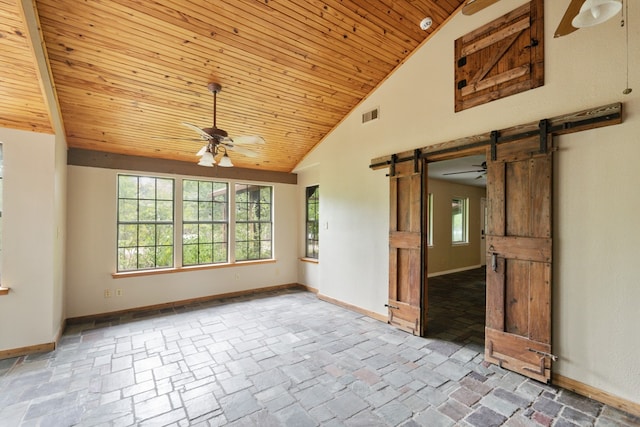 empty room with a barn door, a wealth of natural light, ceiling fan, and wooden ceiling