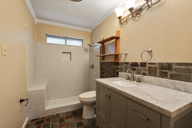 bathroom with walk in shower, a textured ceiling, toilet, vanity, and ornamental molding