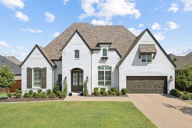 french country style house with a garage and a front yard