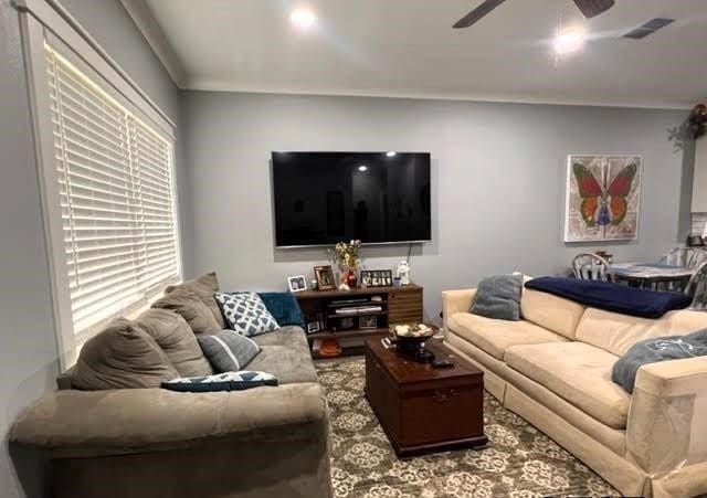 living room featuring ceiling fan