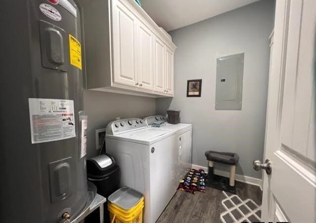 laundry area with dark hardwood / wood-style floors, cabinets, independent washer and dryer, water heater, and electric panel