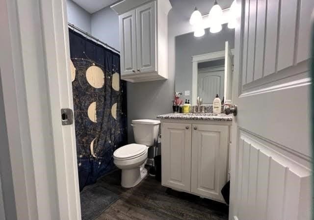 bathroom featuring a shower with shower curtain, wood-type flooring, toilet, and vanity