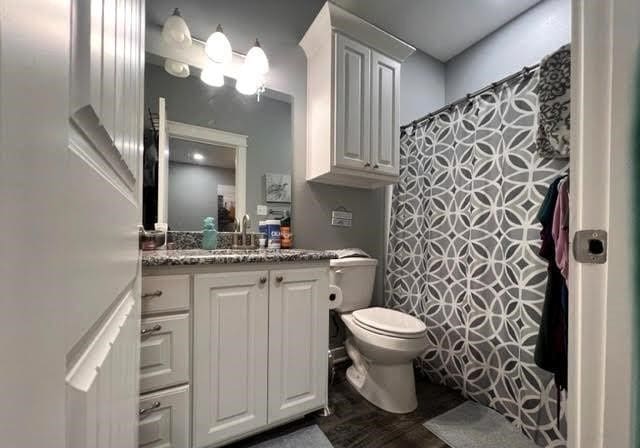 bathroom with a shower with curtain, toilet, and vanity