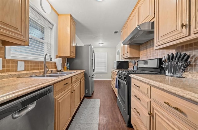 kitchen featuring light brown cabinetry, stainless steel appliances, sink, dark wood-type flooring, and tasteful backsplash