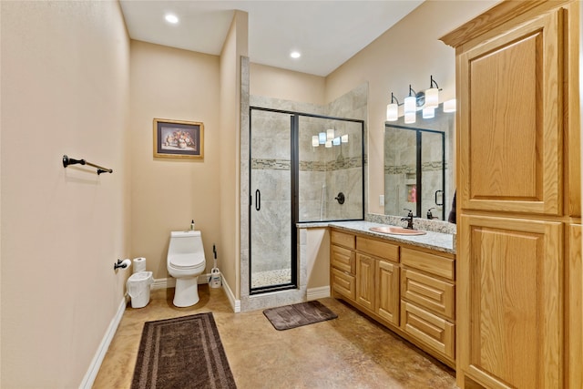 bathroom with tile patterned flooring, vanity, toilet, and an enclosed shower