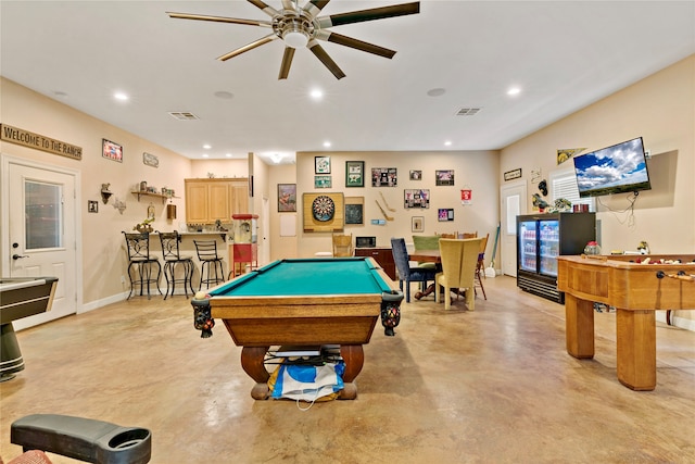 rec room featuring ceiling fan and pool table