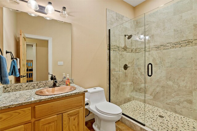 bathroom with a shower with door, vanity, and toilet