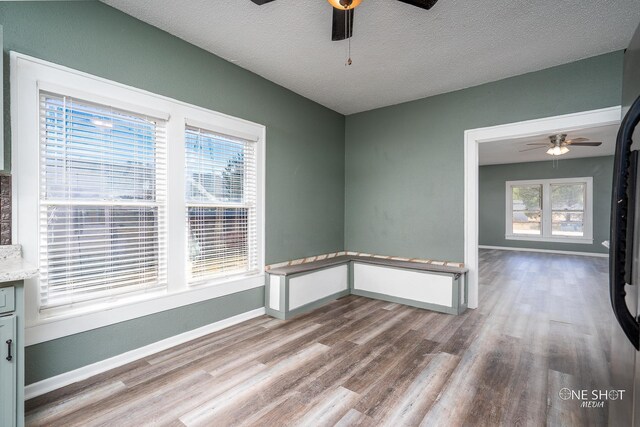 spare room featuring a textured ceiling, ceiling fan, and wood-type flooring