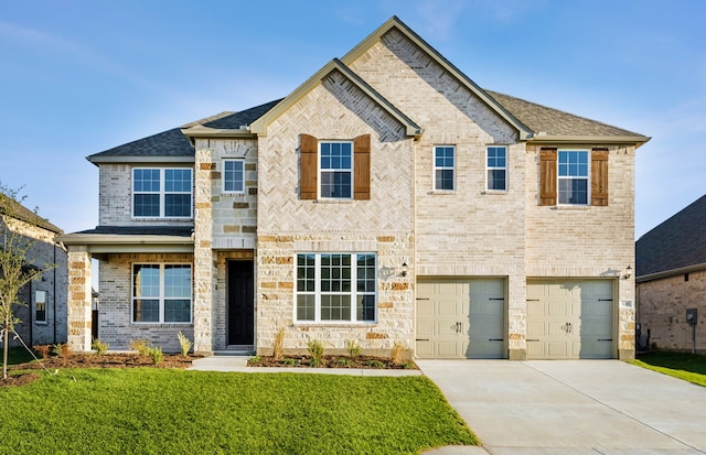 view of front of home featuring a front yard and a garage