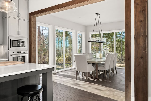 dining room with a chandelier, light hardwood / wood-style floors, and a healthy amount of sunlight