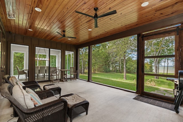 sunroom with ceiling fan and wood ceiling